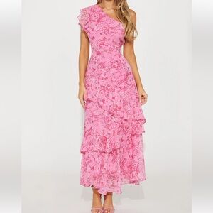 SOLD Elegant Pink One-Shoulder Ruffle Maxi Dress Size Large